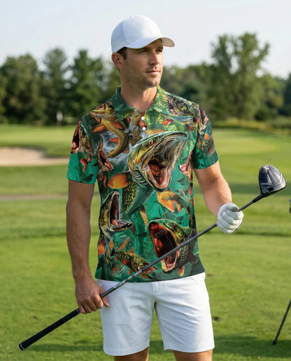 Northern Pike Fishing Polo Shirt for Men- Print Freshwater Angler Fish Shirt | Netecom