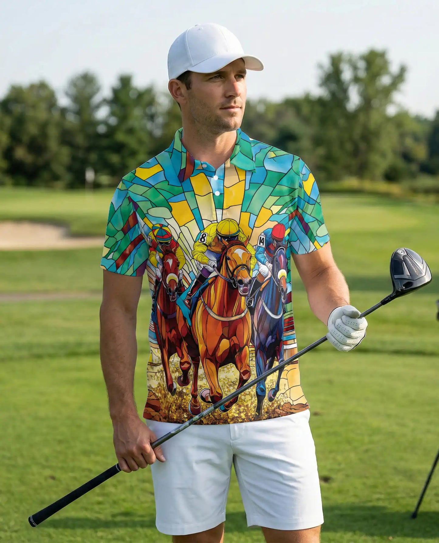 Stained Glass Horse Racing 3D Polo Shirt for Men – Colorful Jockey Derby Style | Netecom