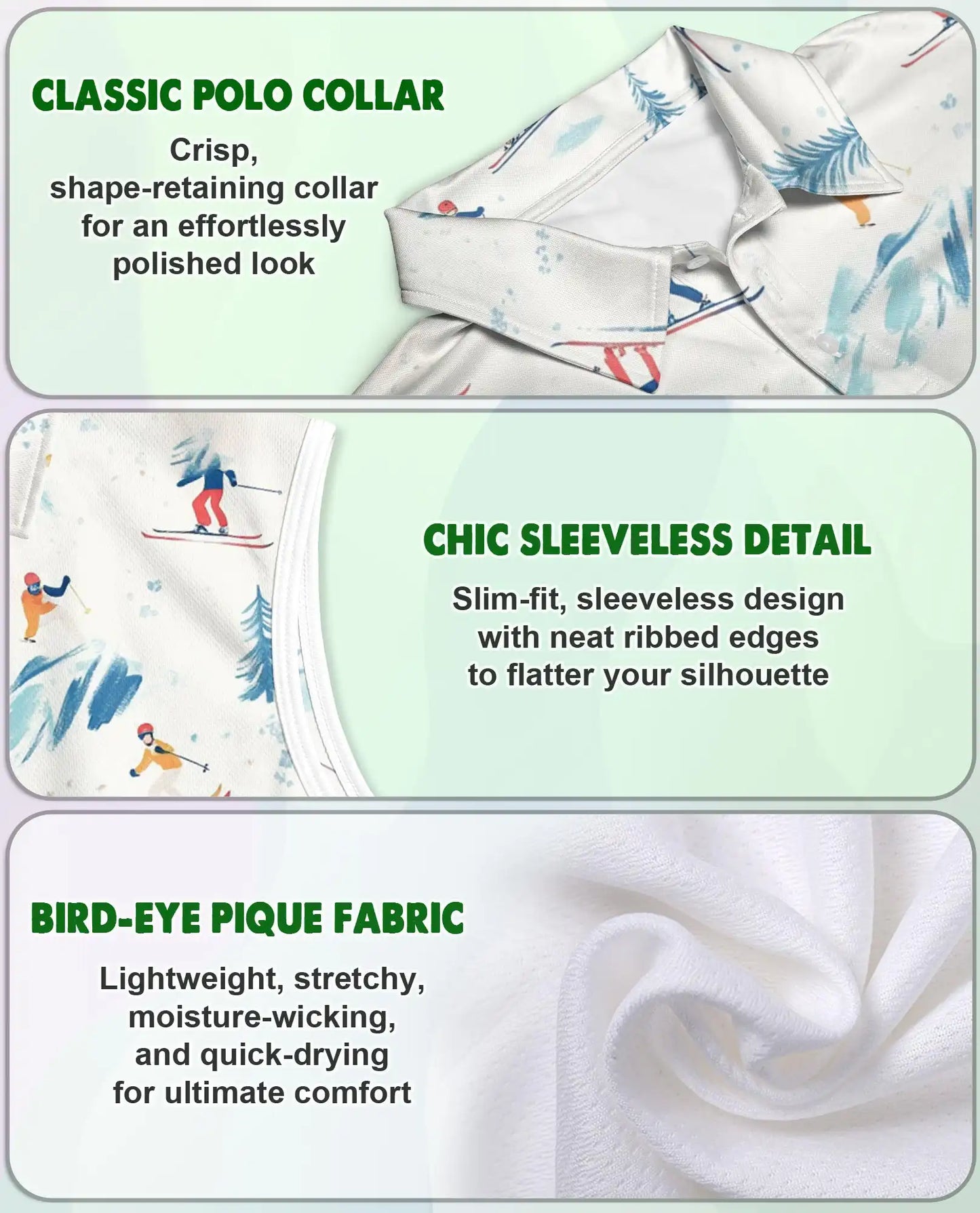 Ski Print Sleeveless Polo Shirt for Women – Winter Sports Adventure Style | Netecom