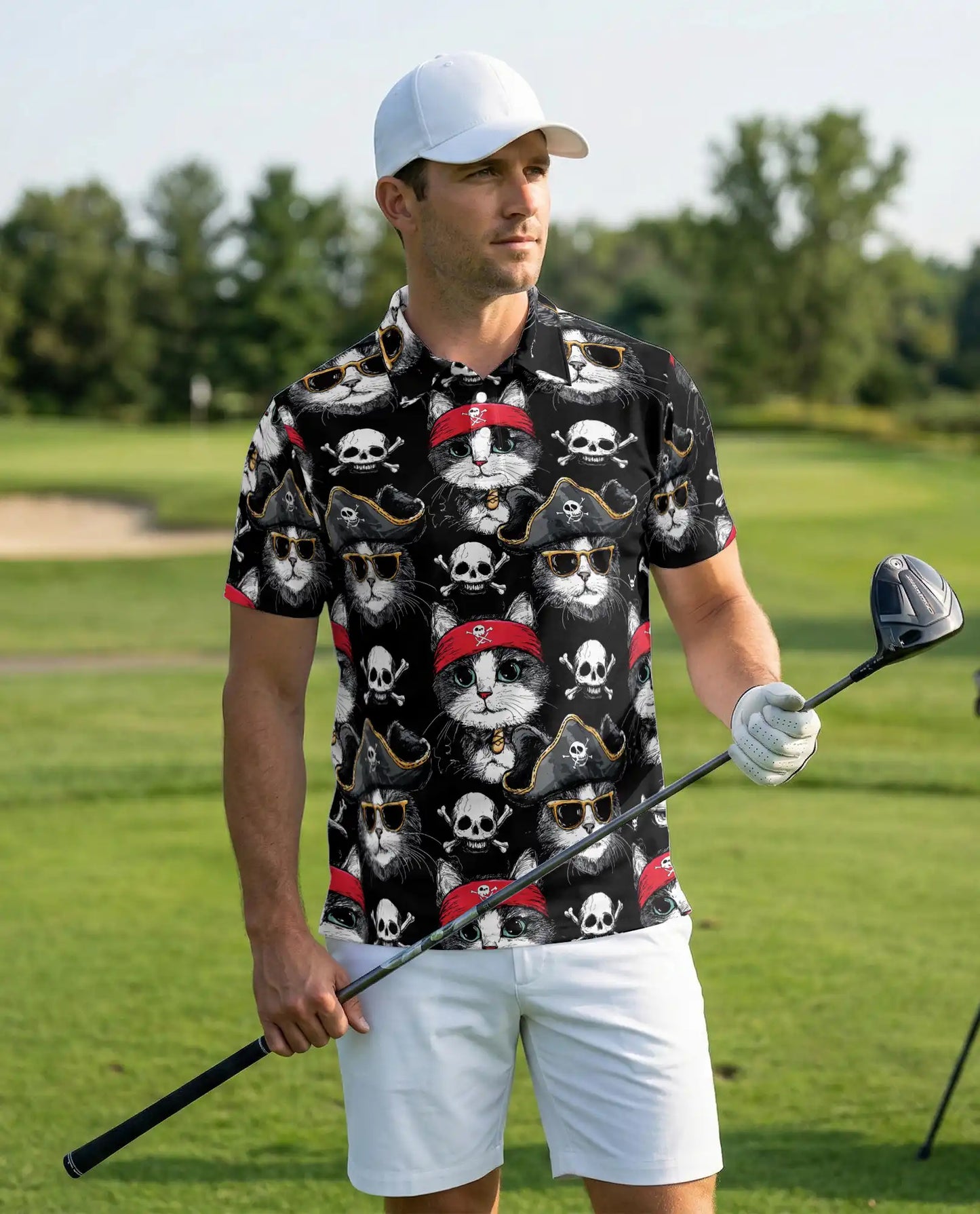 Pirate Cat 3D Polo Shirt for Men – Funny Skull Kitty Style | Netecom