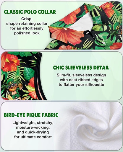 Funny Surfing Leprechaun Tropical Sleeveless Polo Shirt for Women | Netecom