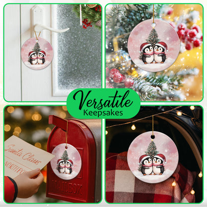 Netecom Cute Penguin Couple Pink Ornament, Ceramic Romantic Christmas Keepsake Ornament for Xmas Tree Decorations, Penguin Lover Gift, Gifts for Holiday, Party, Home Decor