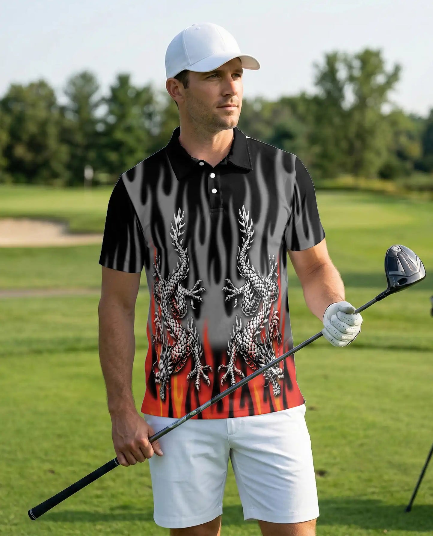 Tribal Dragon Polo Shirt – Silver Dragon Flame Artwork | Netecom