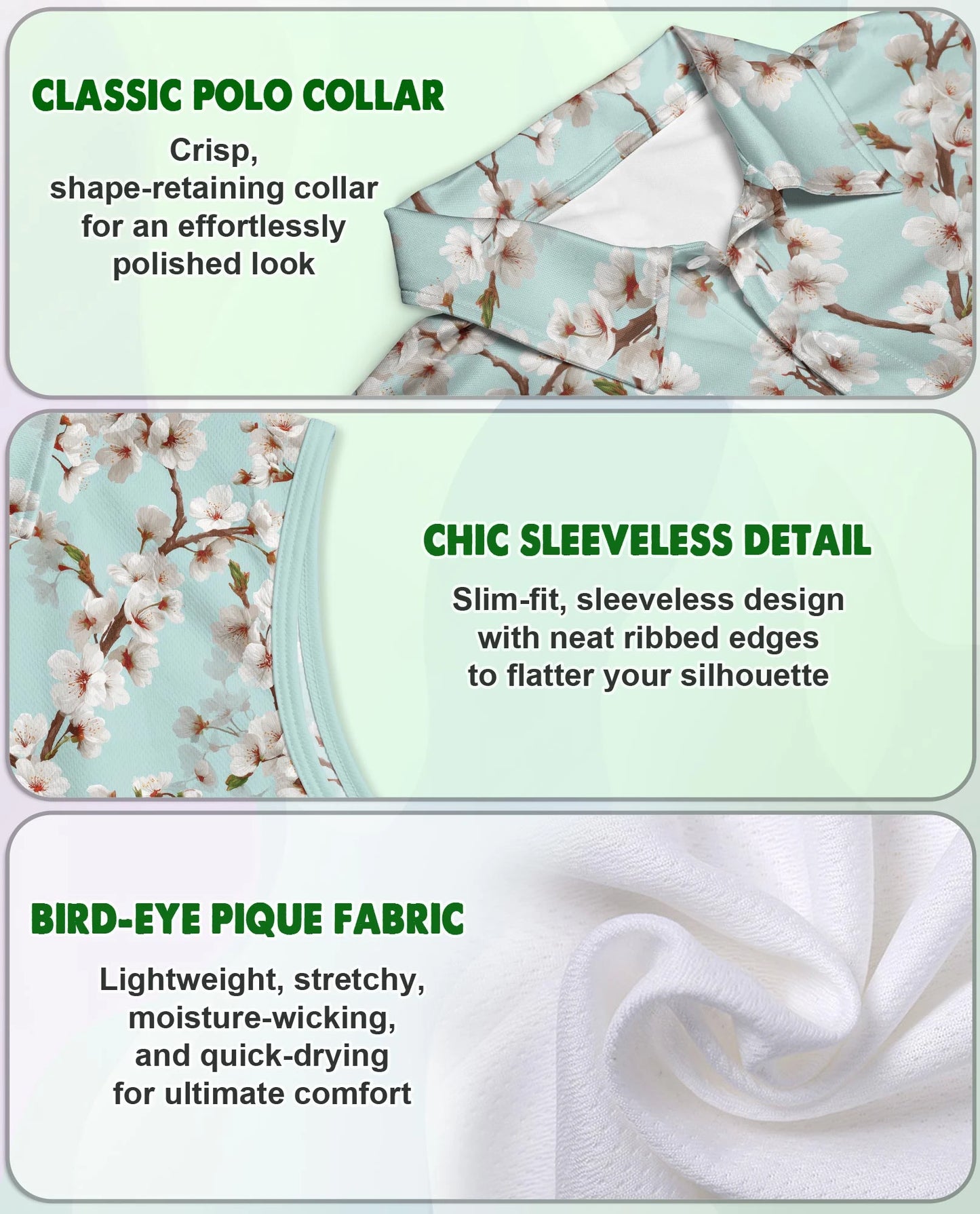 White Sakura Cherry Blossom Sleeveless Polo Shirt for Women – Elegant Floral Style | Netecom