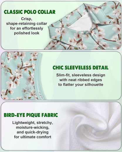 White Sakura Cherry Blossom Sleeveless Polo Shirt for Women – Elegant Floral Style | Netecom