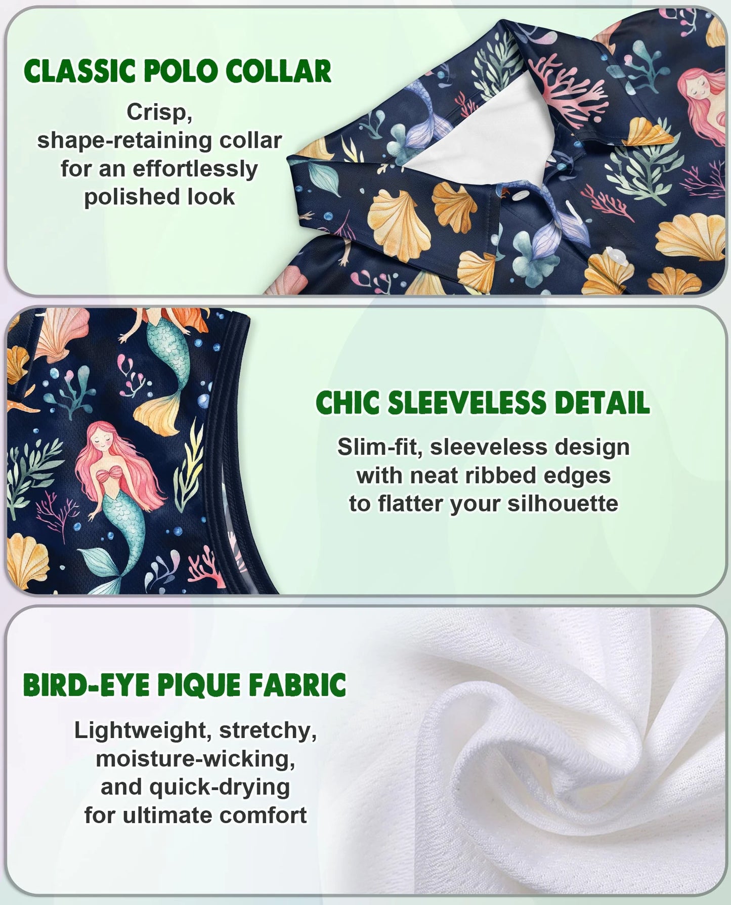 Cute Mermaid Sleeveless Polo Shirt for Women | Netecom