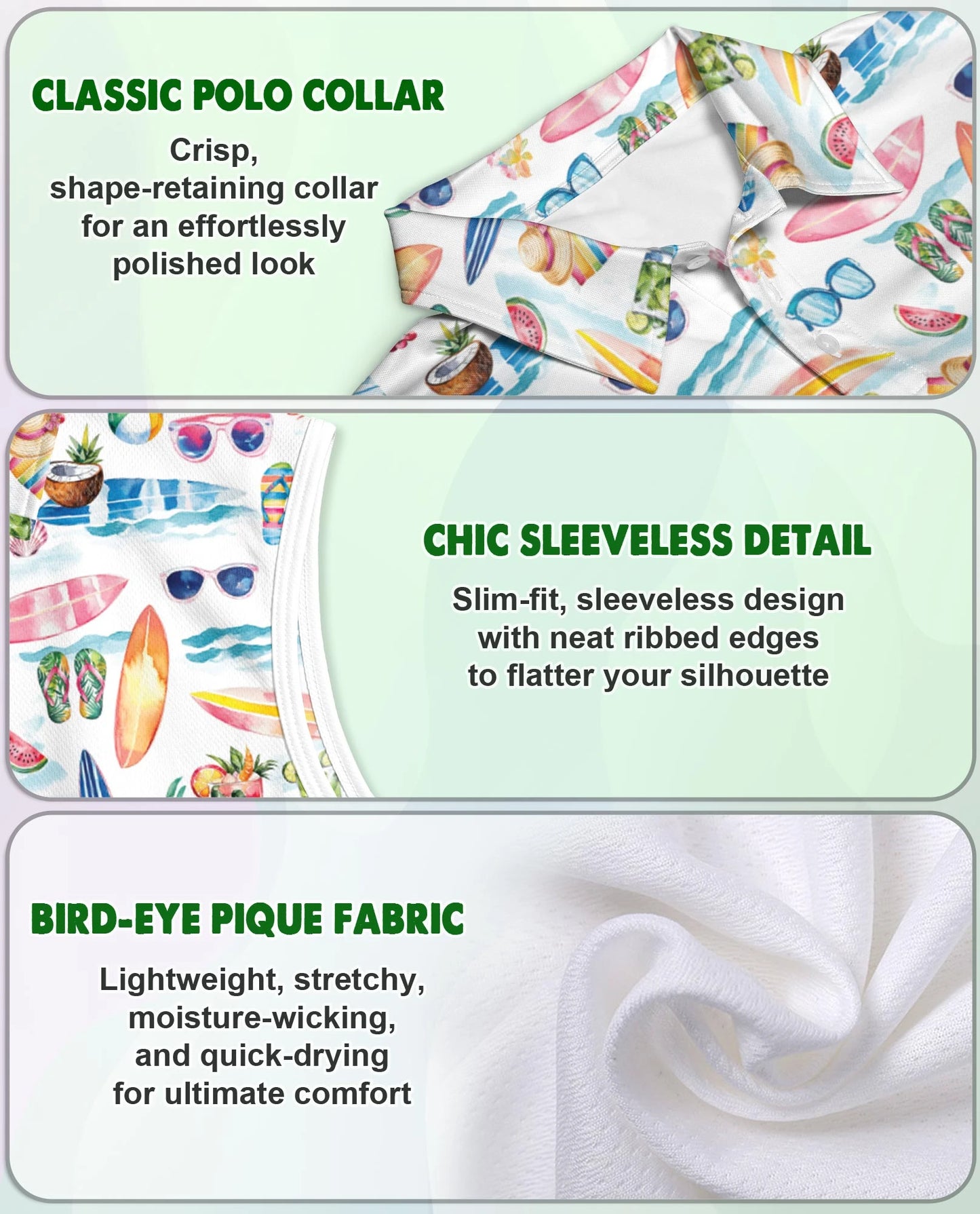 Colorful Tropical Surf Beach Sleeveless Polo Shirt for Women | Netecom