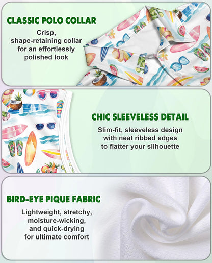 Colorful Tropical Surf Beach Sleeveless Polo Shirt for Women | Netecom