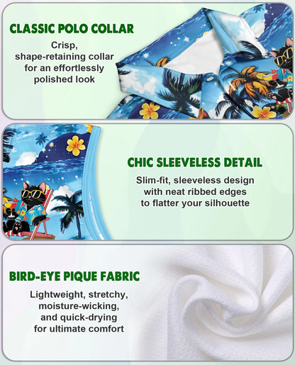 Tropical Cat Sleeveless Polo Shirt for Women | Netecom