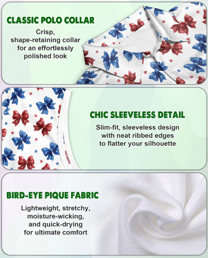 Patriotic Bow Print Sleeveless Polo Shirt for Women | Netecom