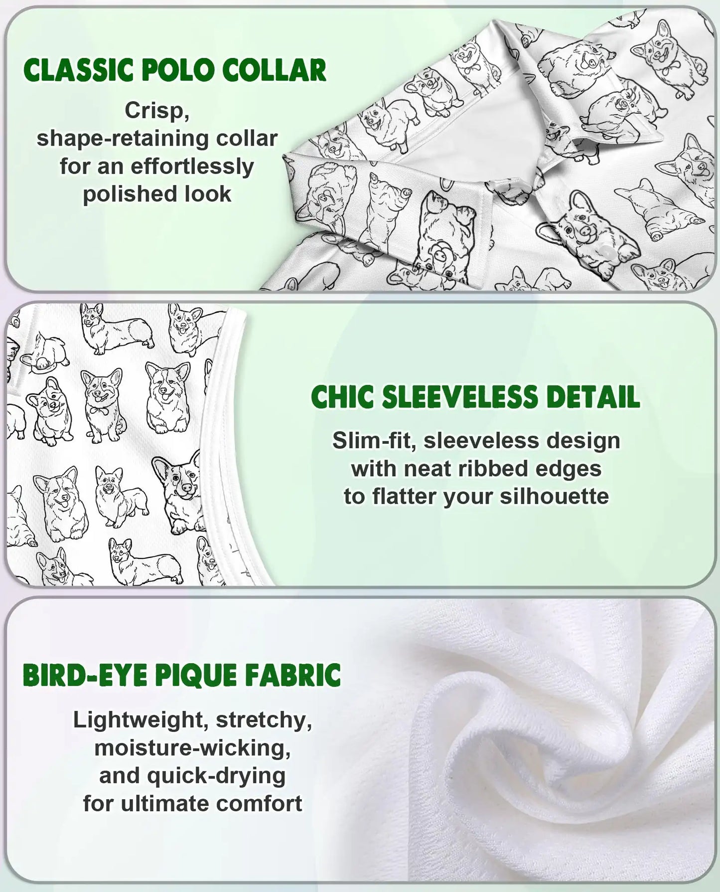 Corgi Line Art Pattern Sleeveless Polo Shirt for Women| Netecom