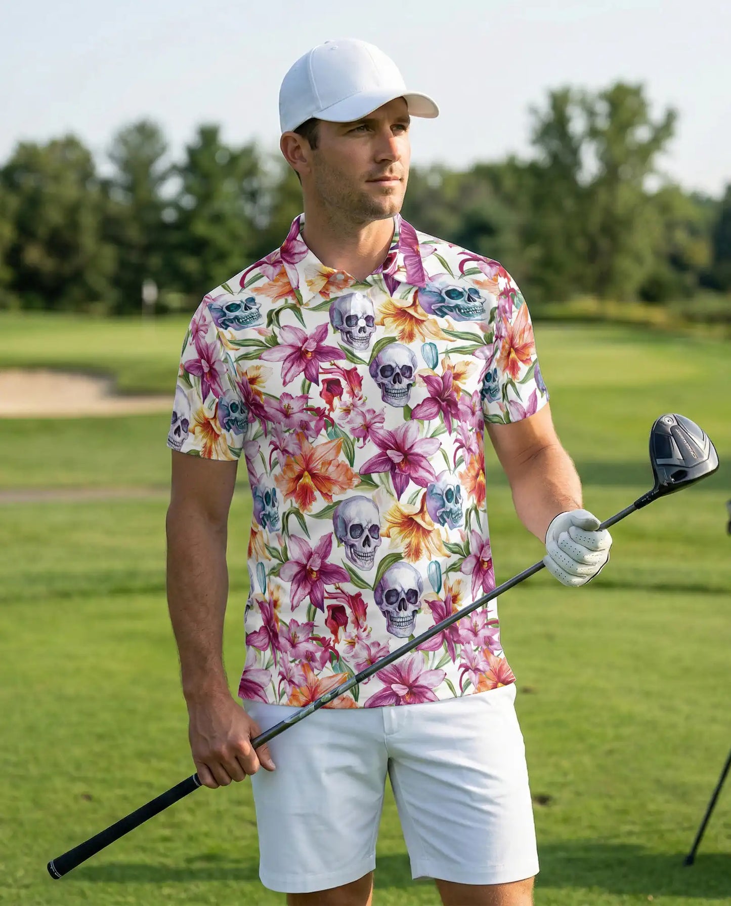 Skull Orchid Floral Polo Shirt-Gothic Botanical Flower Pattern Design | Netecom
