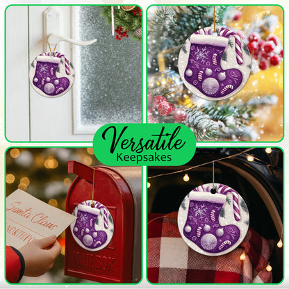 Netecom Purple Stocking Christmas Ornaments, Ceramic Candy Cane Snowflakes Keepsake Ornament for Christmas Tree Decorations, Gifts for Holiday, Party, Home Decor