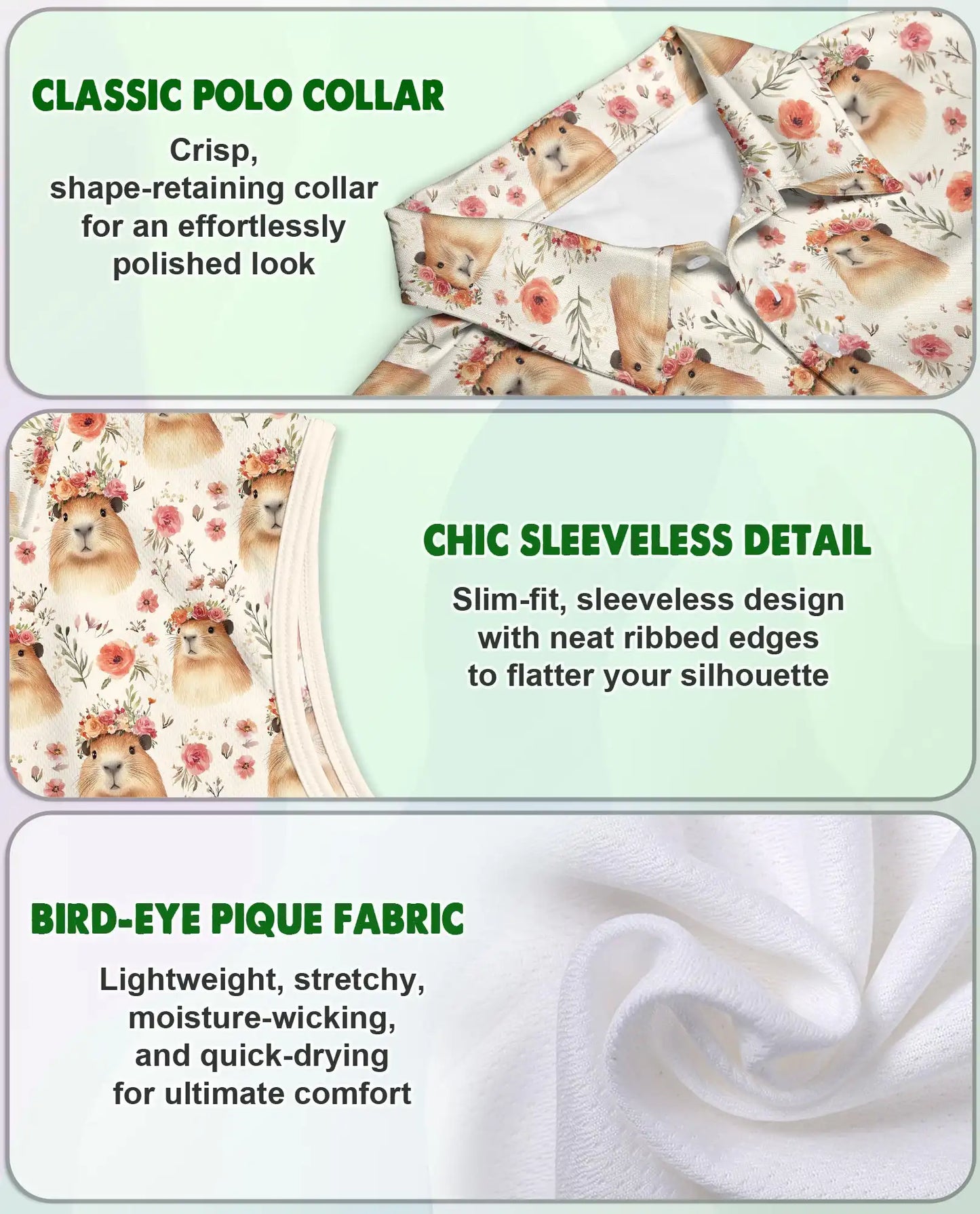 Floral Capybara Pattern Sleeveless Polo Shirt for Women | Netecom