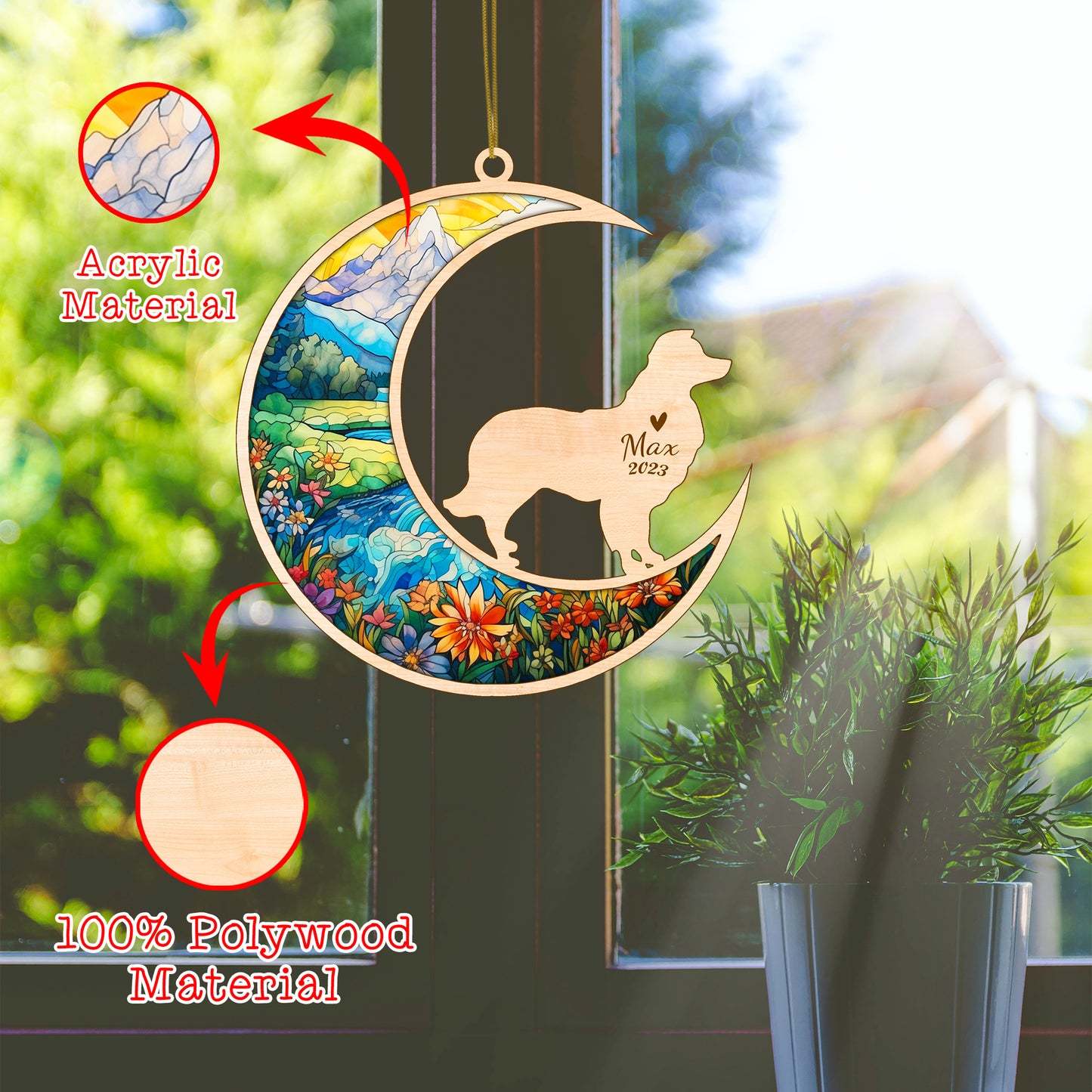 Netecom Border Collie Dog Memorial Suncatcher, Personalized Dog Christmas Ornament with Name Date, Dog Death Sympathy Gift for Pet Loss Sun Catchers, Dog Grief Gift, Bereavement Gifts for Loss of Pet