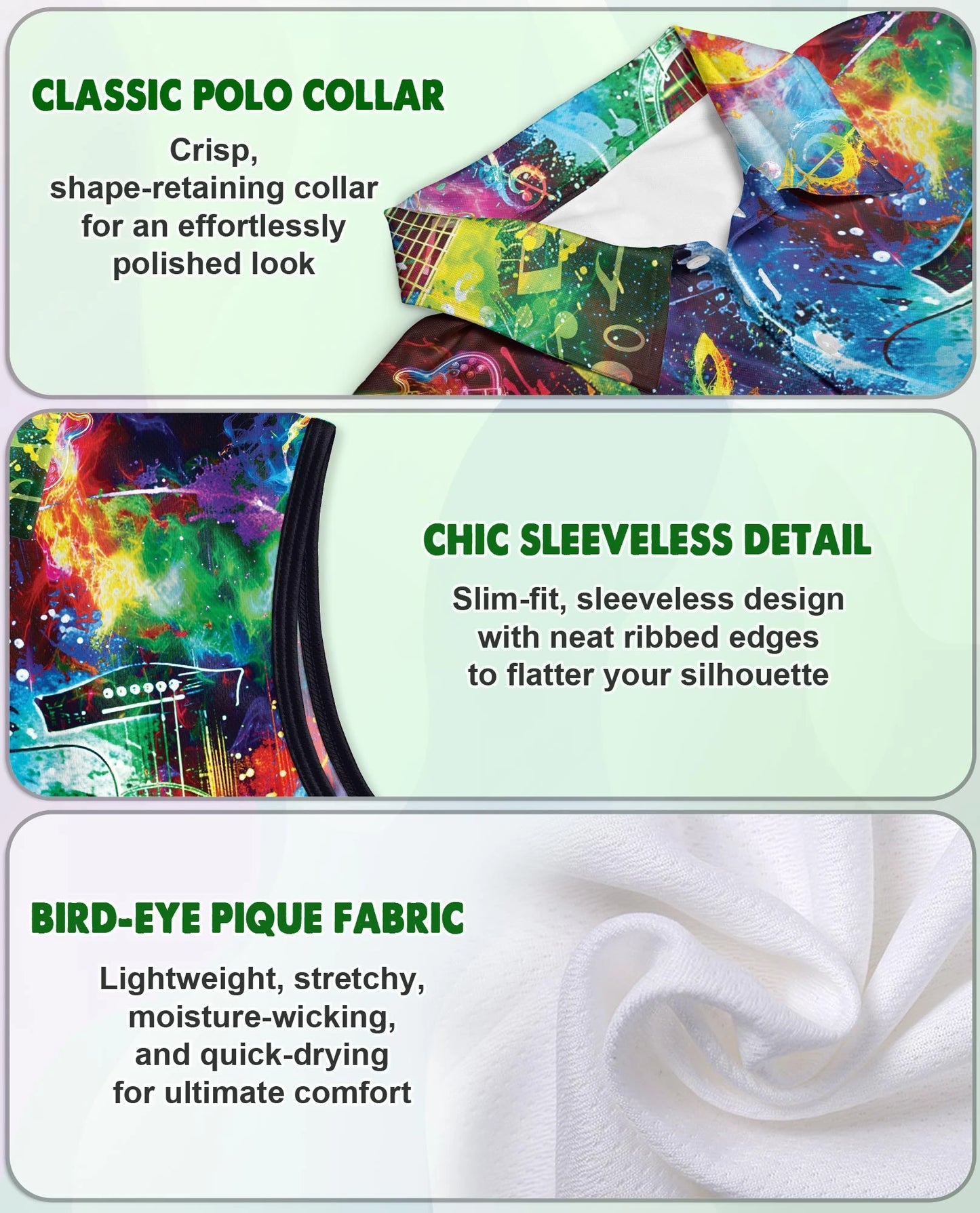 Amazing Rainbow Guitar Sleeveless Polo Shirt for Women| Netecom