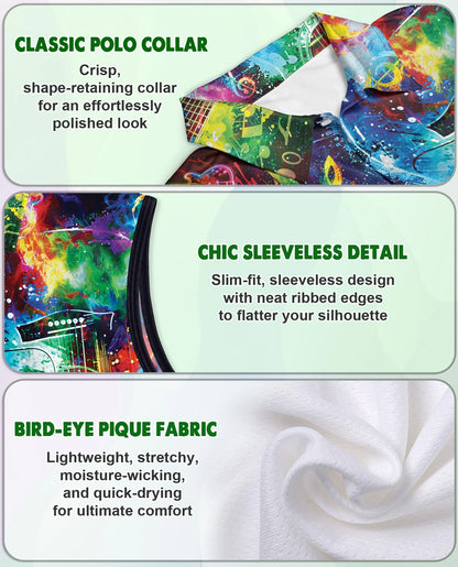 Amazing Rainbow Guitar Sleeveless Polo Shirt for Women| Netecom