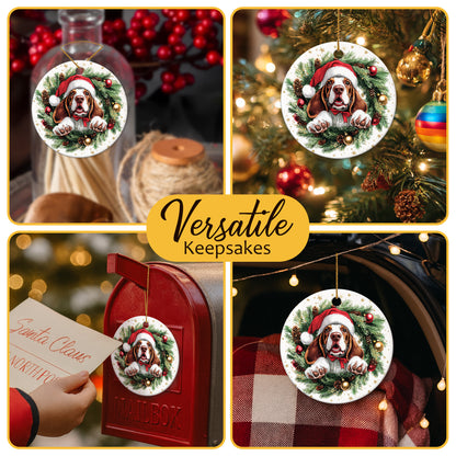 Netecom Funny Basset Hound in Santa Hat Christmas Ornament, Puppy Ceramic Ornament for Xmas Tree Hanging Decorations Gift, Dog Lover Gifts, Holiday Party Present
