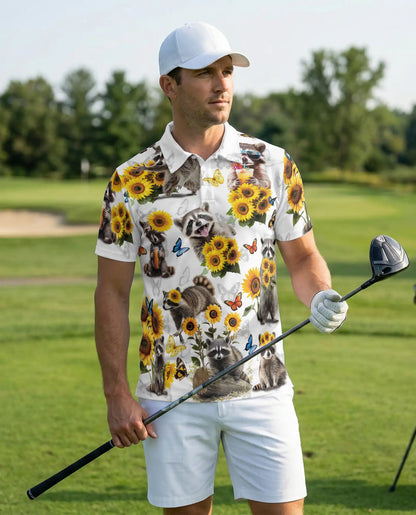 Raccoon Sunflower 3D Polo Shirt for Men – Cute Animal Nature Style | Netecom