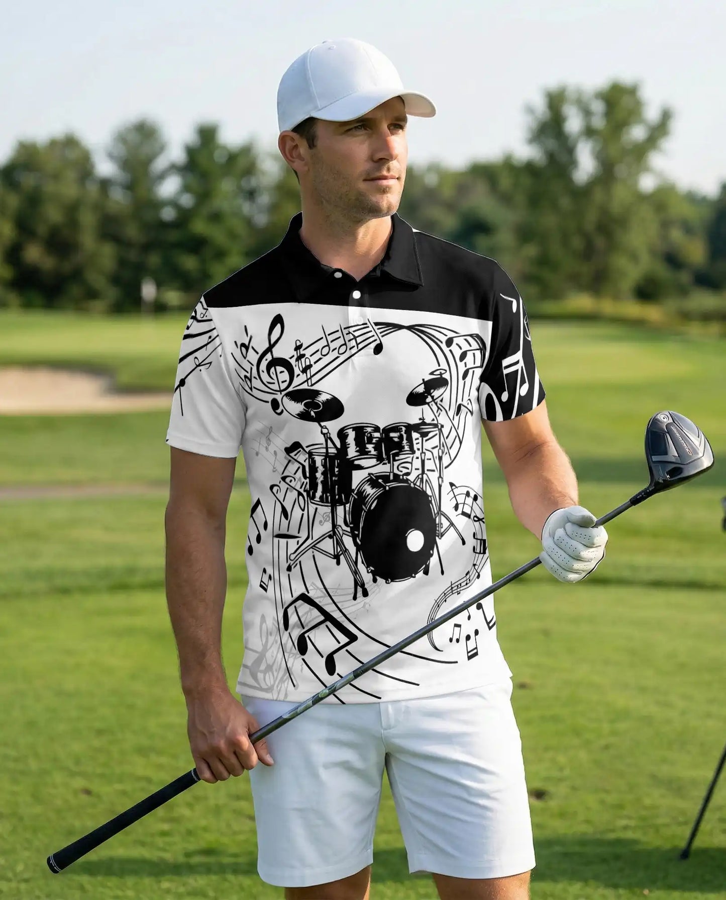 Drum Music 3D Polo Shirt for Men – Black White Band Art Style | Netecom