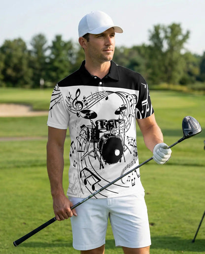 Drum Music 3D Polo Shirt for Men – Black White Band Art Style | Netecom