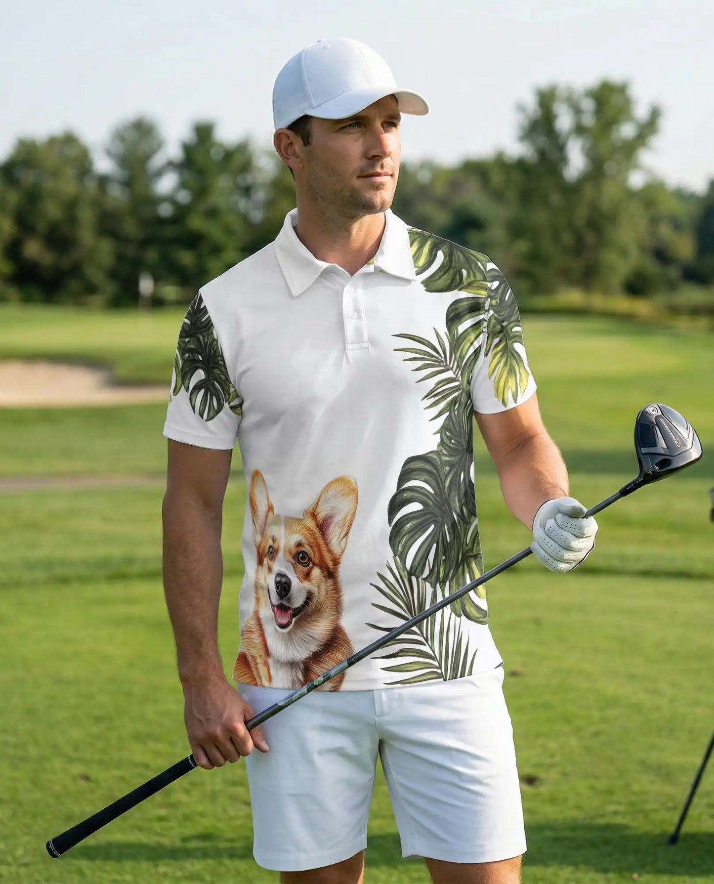 Cute Corgi Tropical Leaves 3D Polo Shirt for Men – Hawaiian Dog Lover Style | Netecom