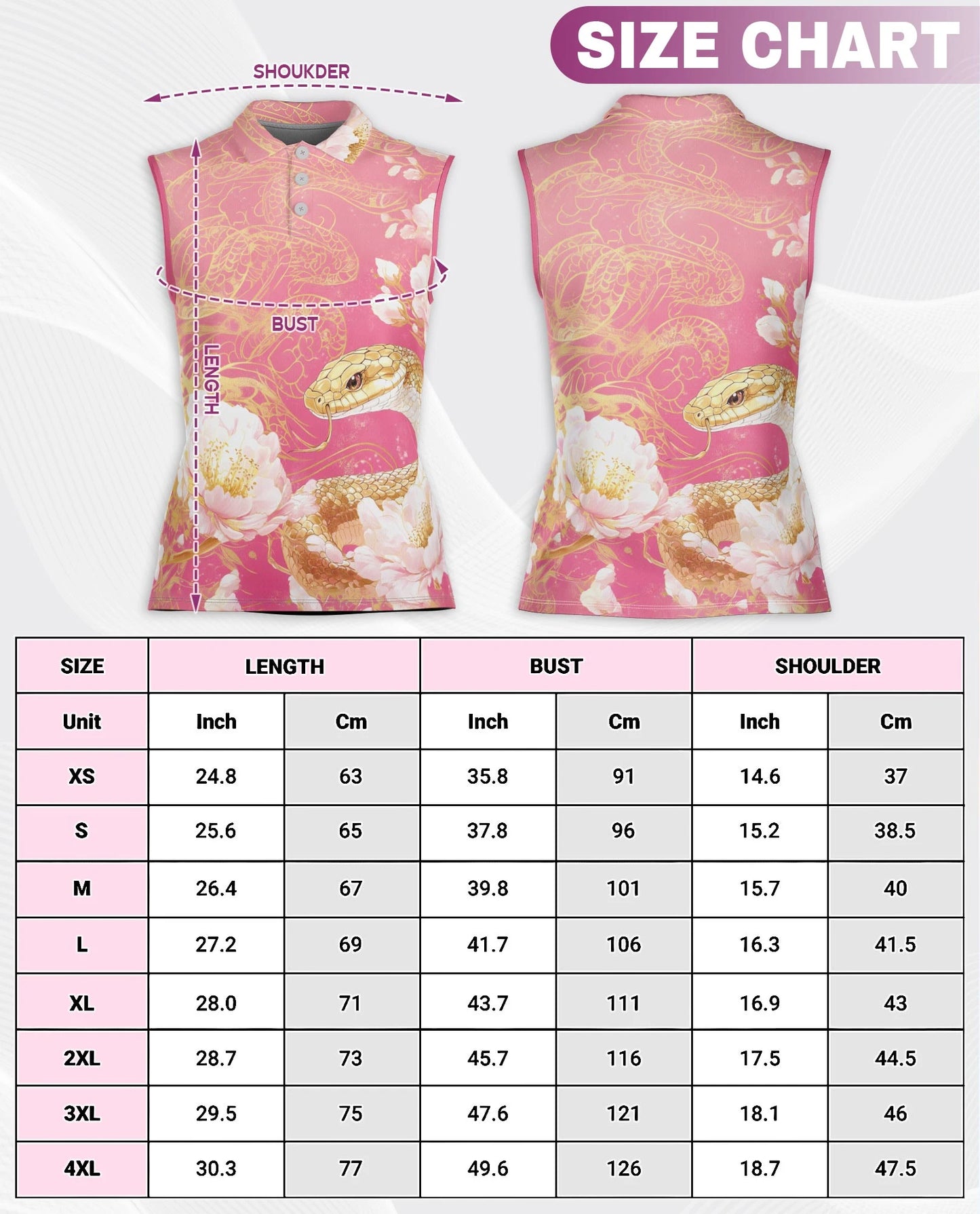 Snake and Peony Print Sleeveless Polo Shirt for Women | Netecom