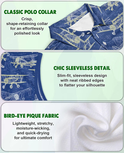 Vintage Biplane Print Sleeveless Polo Shirt for Women – Retro Aviation Style | Netecom