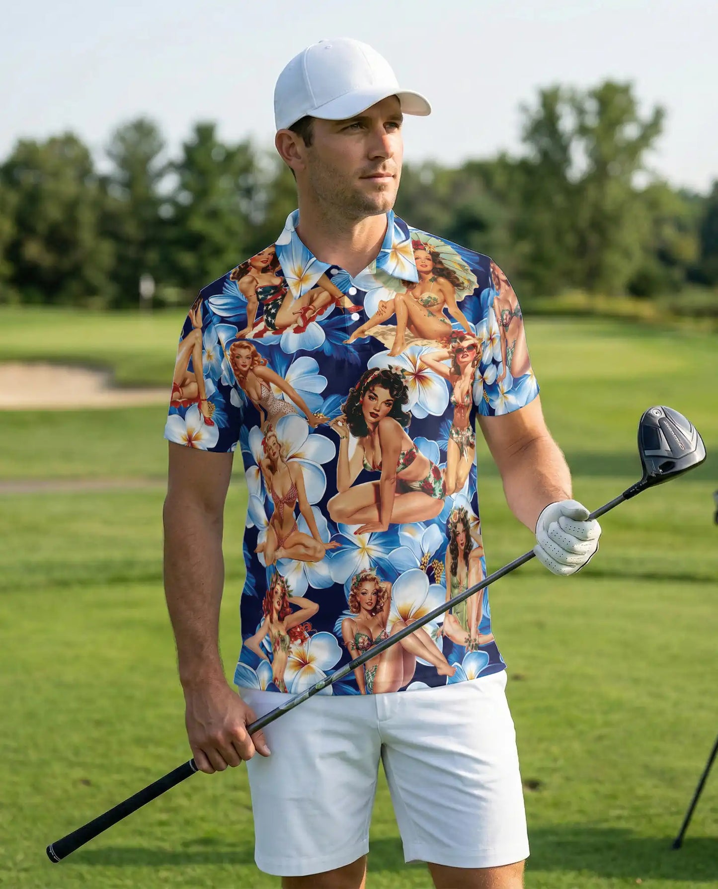 Pin Up Girl 3D Polo Shirt for Men – Vintage Floral Retro Style | Netecom