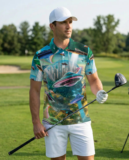 UFO Polo Shirt – Futuristic Sci-Fi City Print | Netecom