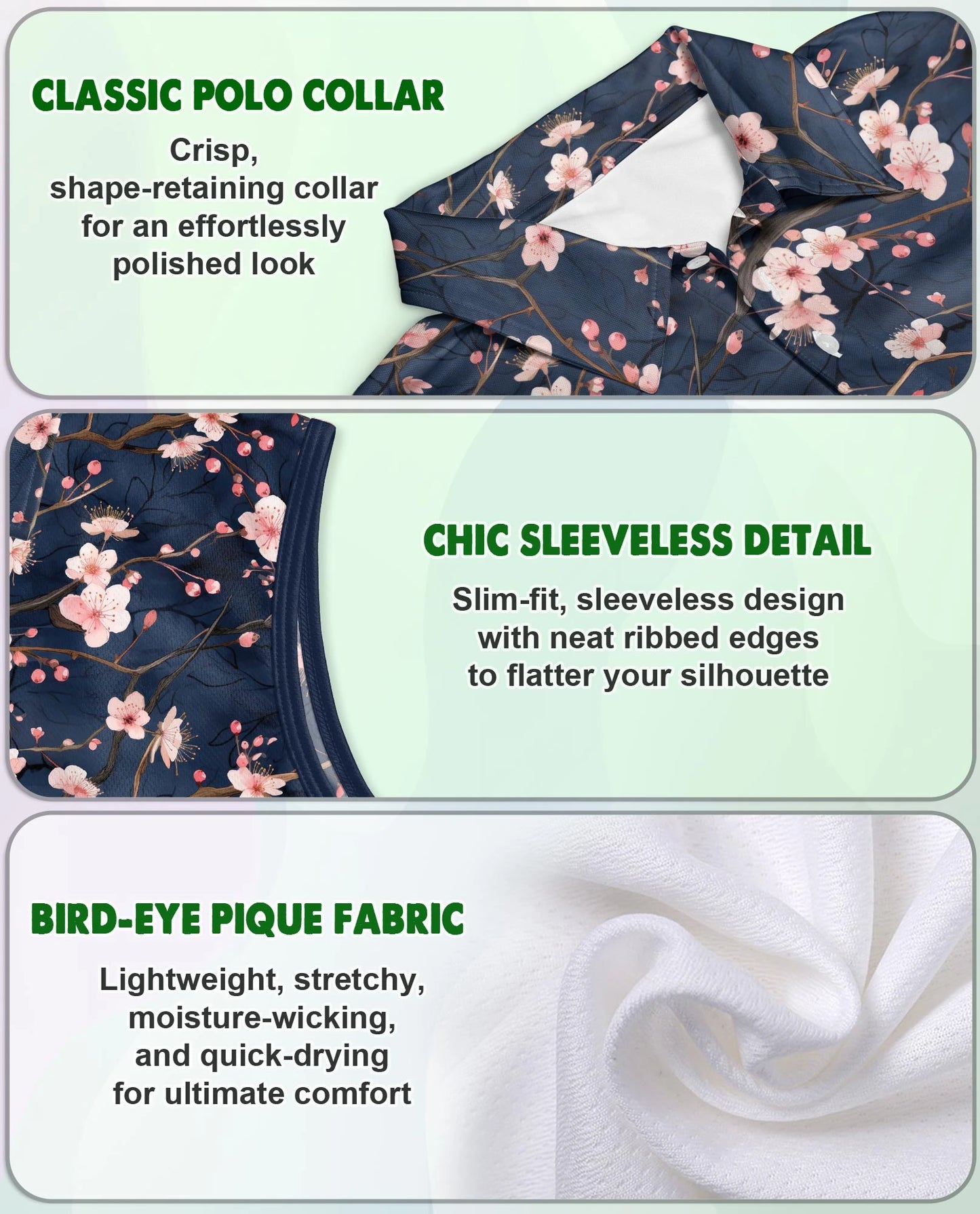 Navy Sakura Flower Sleeveless Polo Shirt for Women – Elegant Floral Style | Netecom