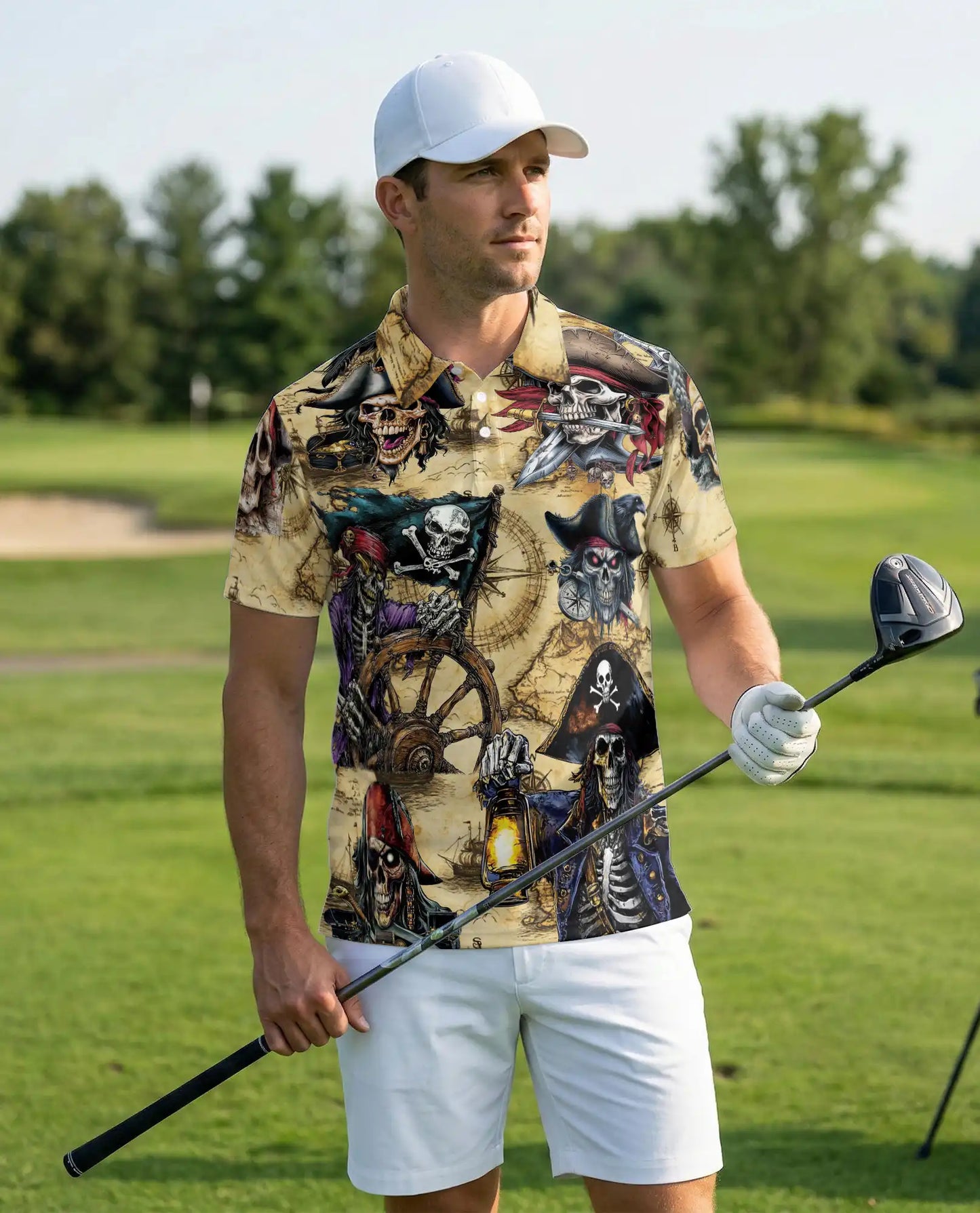 Vintage Pirate Skeleton Polo Shirt-Skull Captain Treasure Map Design | Netecom