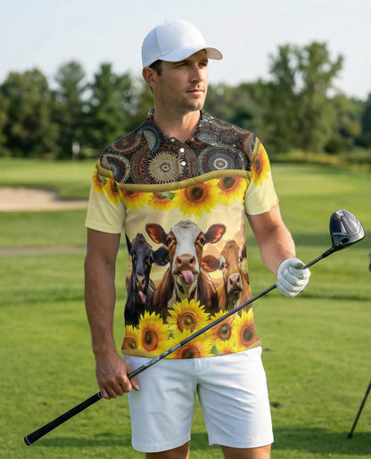 Cow Sunflower Polo Shirt – Rustic Farm Print | Netecom