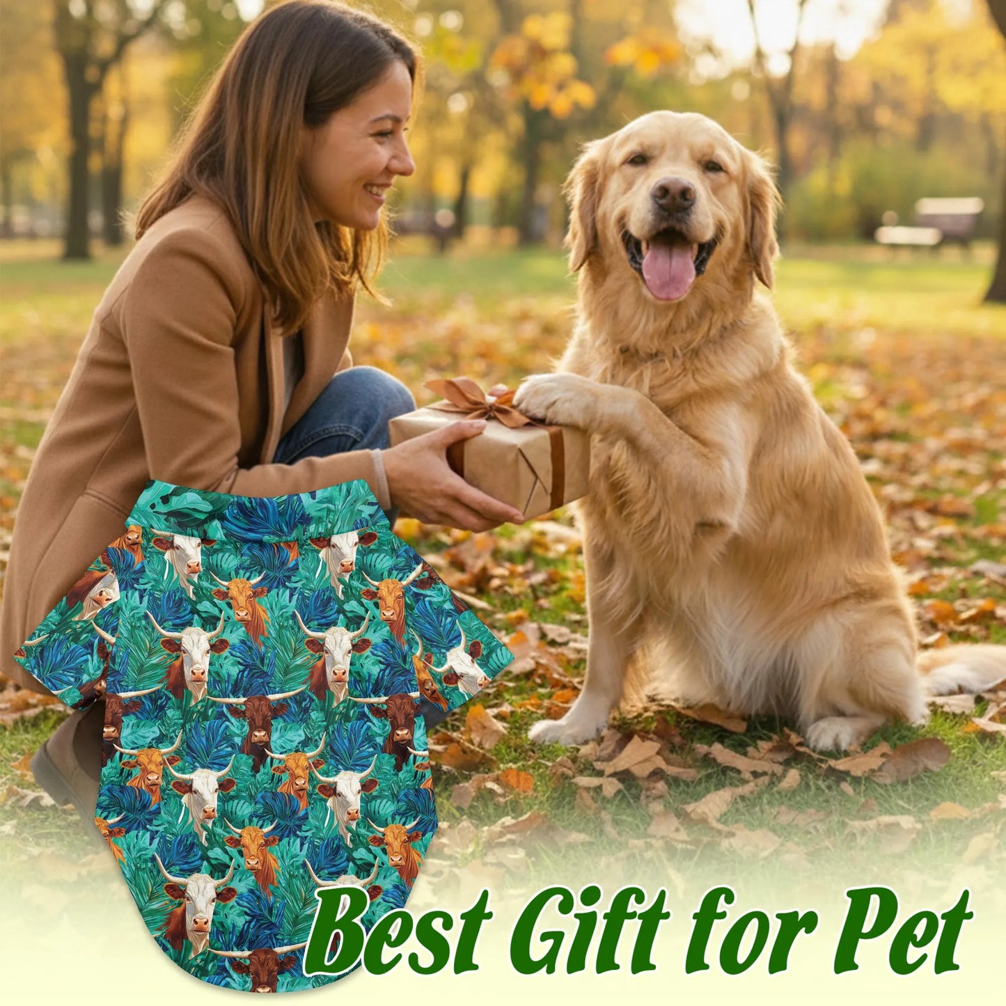 Texas Longhorn Cattle Tropical Leaf Print Hawaii Dog and Owner Matching Button Shirts