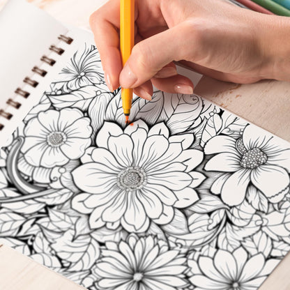 Floral Pattern Spiral Bound Coloring Book,  Embark on a Coloring Journey with 30 Intricate Flower Doodles for Relaxation and Inspiration