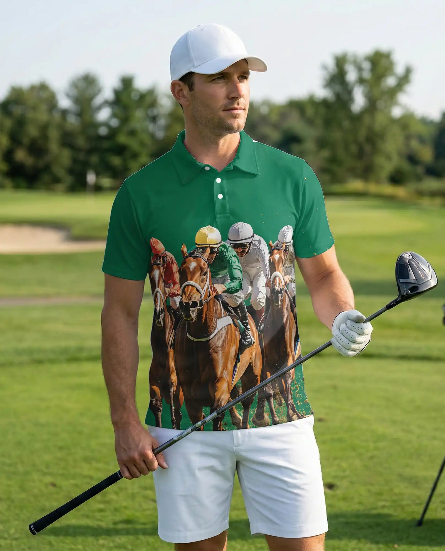 Green Horse Racing 3D Polo Shirt for Men – Jockey Derby Sports Style | Netecom