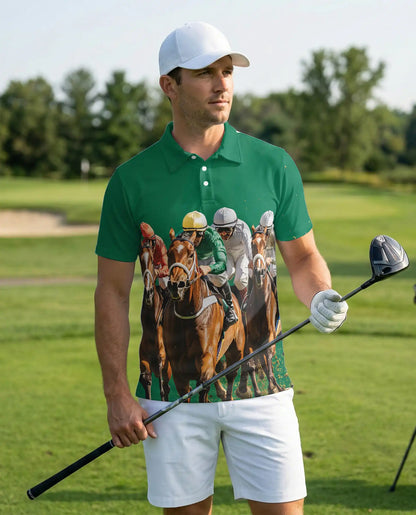 Green Horse Racing 3D Polo Shirt for Men – Jockey Derby Sports Style | Netecom