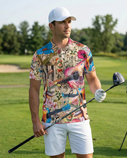 Acoustic Guitar Polo Shirt – Floral Music Art Print | Netecom