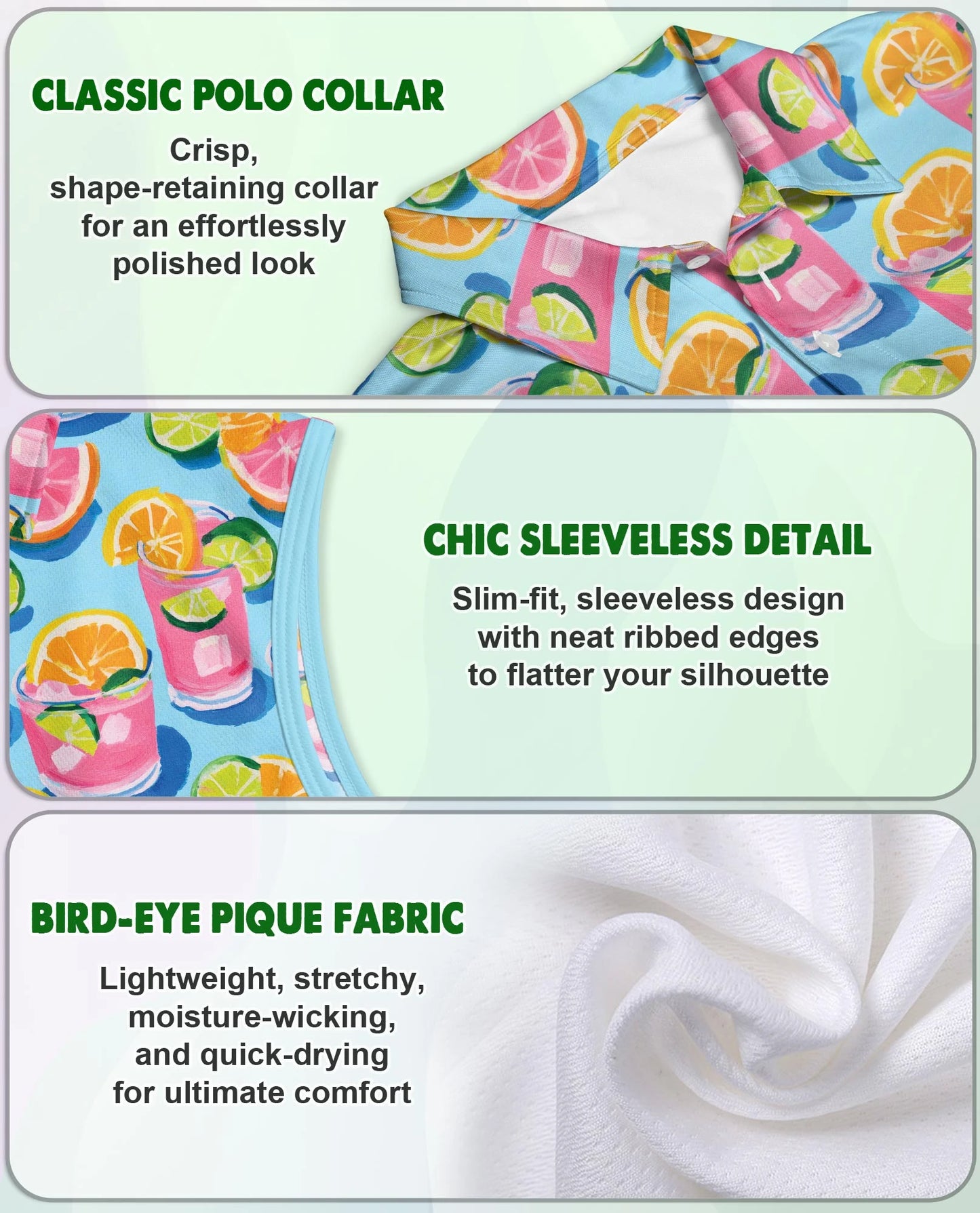 Cocktails Gouache Painting Sleeveless Polo Shirt for Women – Artistic Summer Style | Netecom