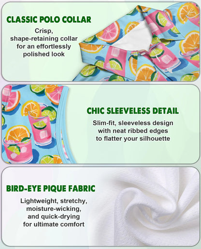 Cocktails Gouache Painting Sleeveless Polo Shirt for Women – Artistic Summer Style | Netecom