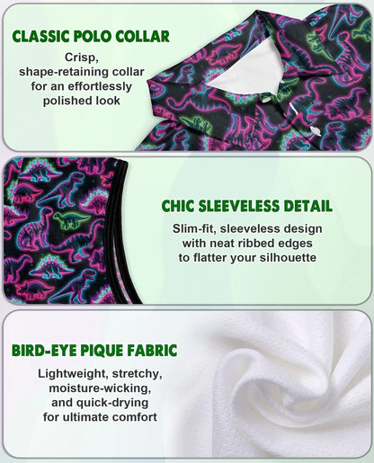 Neon Dinosaur Print Sleeveless Polo Shirt for Women | Netecom