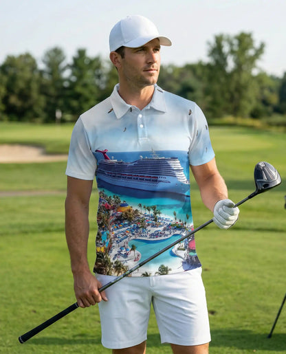Tropical Cruise Ship 3D Polo Shirt for Men – Ocean Vacation Beach Style | Netecom