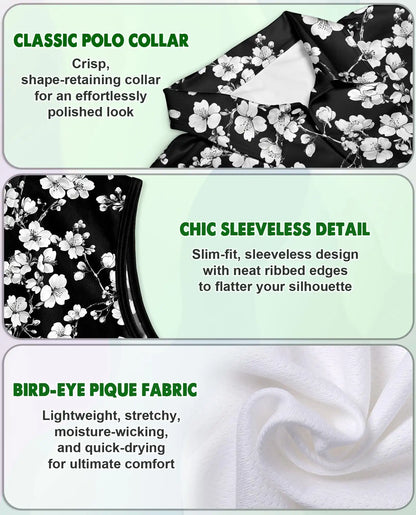 Monochrome Floral Sleeveless Polo Shirt for Women | Netecom