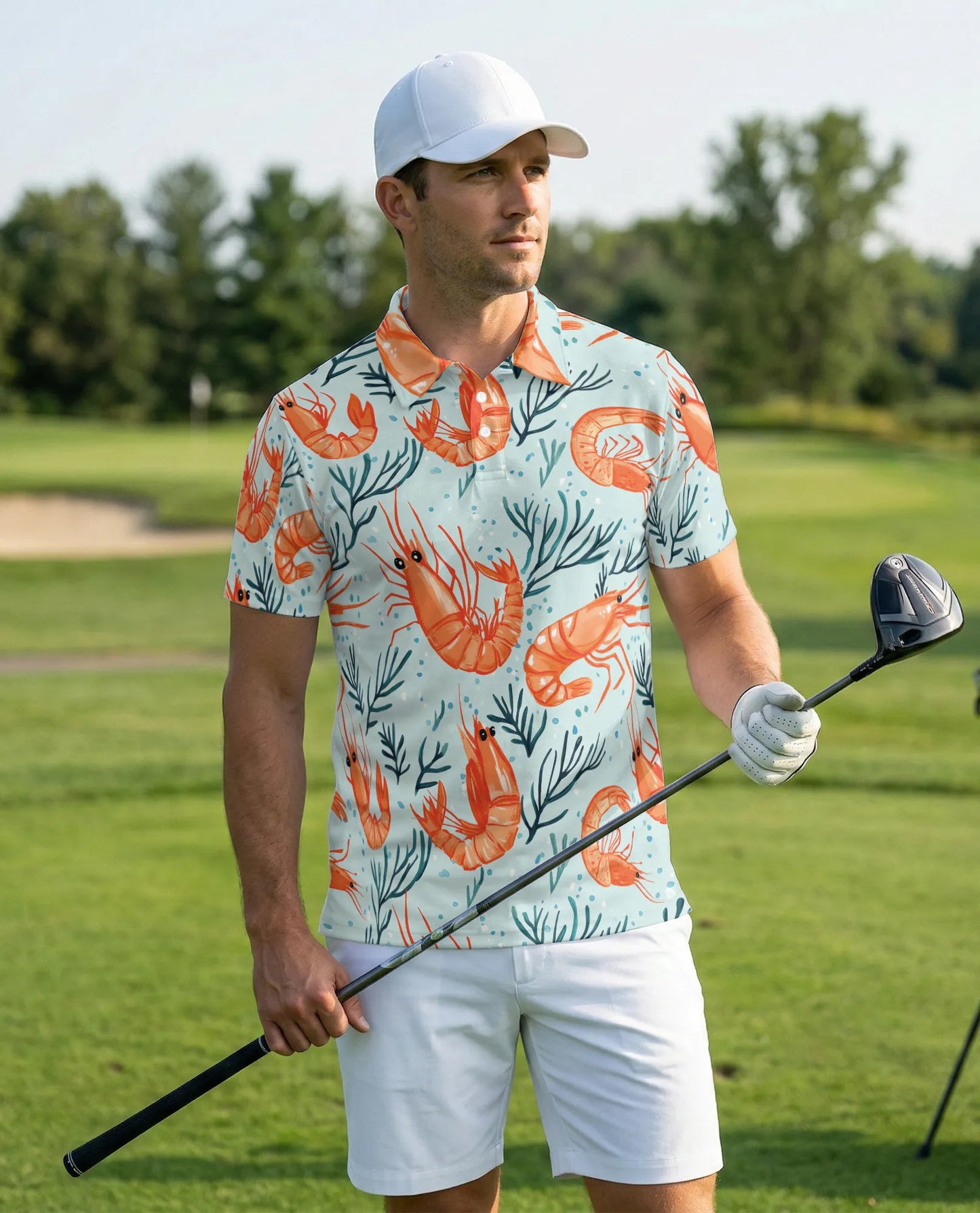 Shrimp Pattern 3D Polo Shirt for Men – Coastal Seafood Summer Style | Netecom