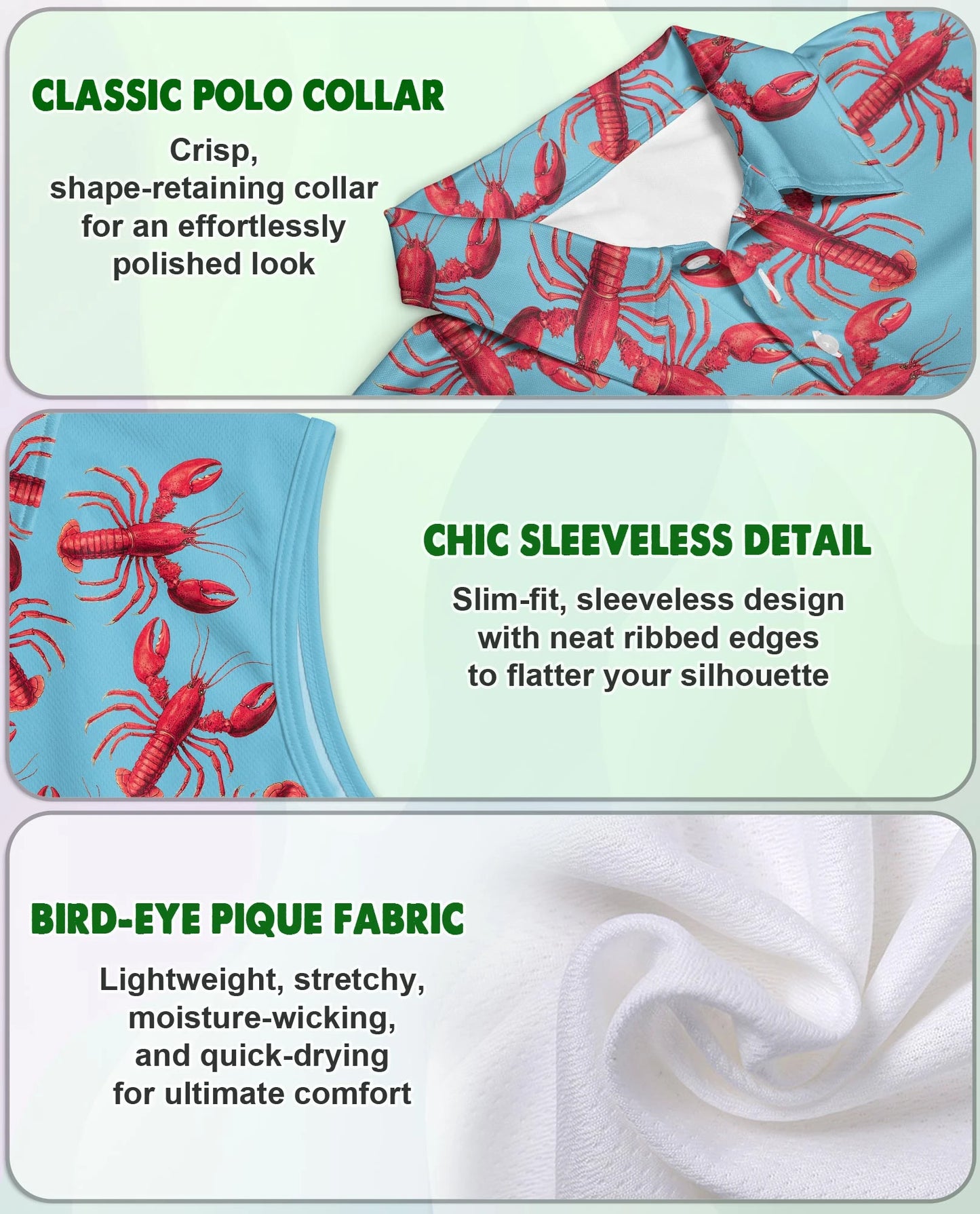 Lobster Red Pattern Sleeveless Polo Shirt for Women | Netecom