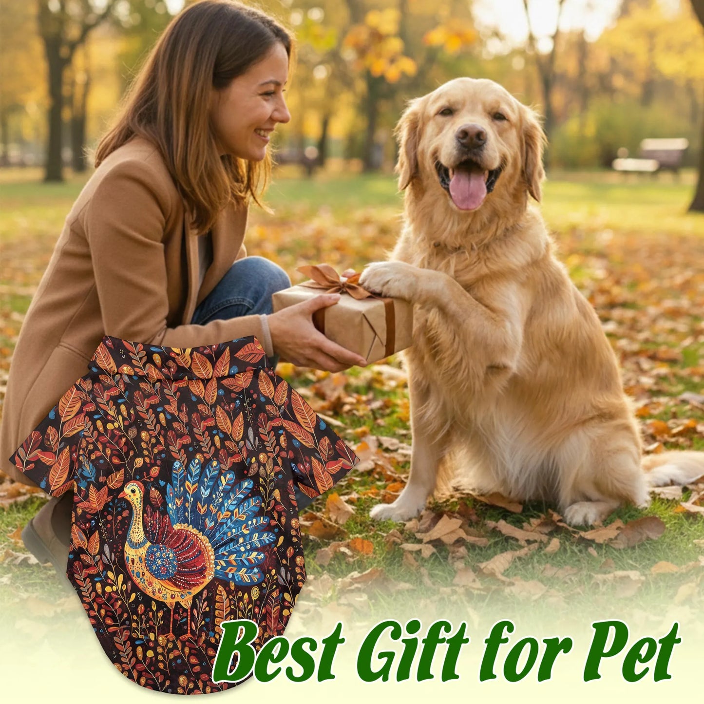 Folk Art Turkey Thanksgiving Pattern Hawaii Dog and Owner Matching Button Shirts