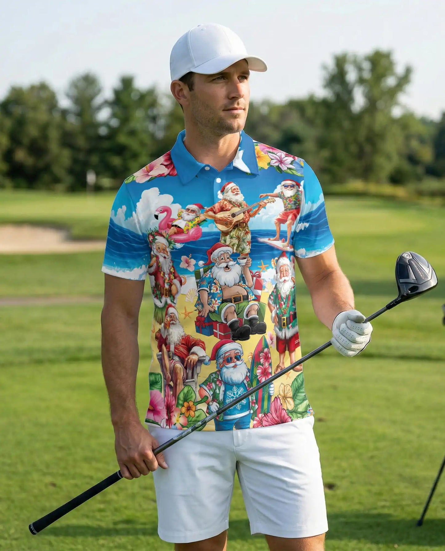 Santa Beach Holiday Polo Shirt for Men – Summer Hawaiian Xmas Shirt | Netecom