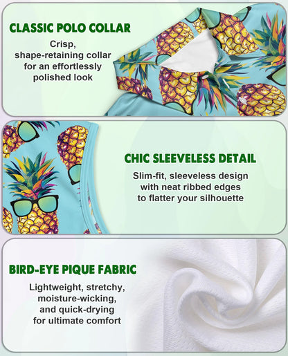 Pineapple Wearing Sunglasses Tropical Sleeveless Polo Shirt for Women | Netecom