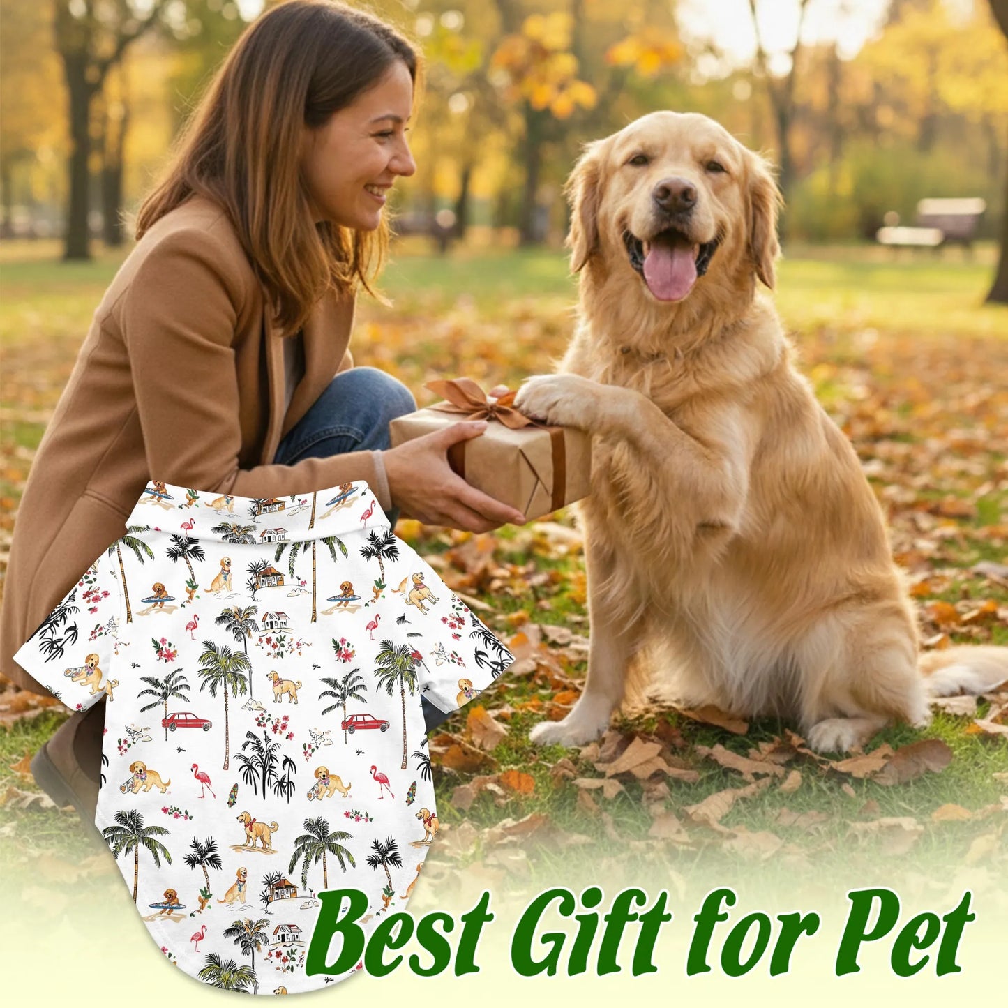 Cute Golden Retriever Beach Print Hawaii Dog and Owner Matching Button Shirts