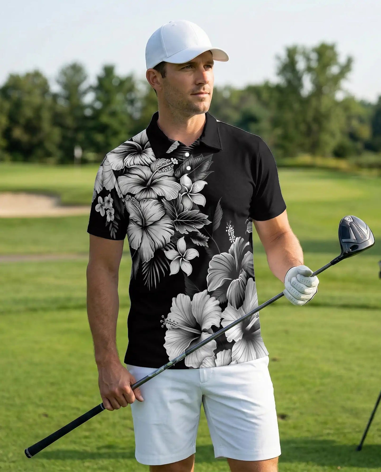 Black White Hibiscus Floral Polo Shirt for Men-Tropical Flower Summer | Netecom